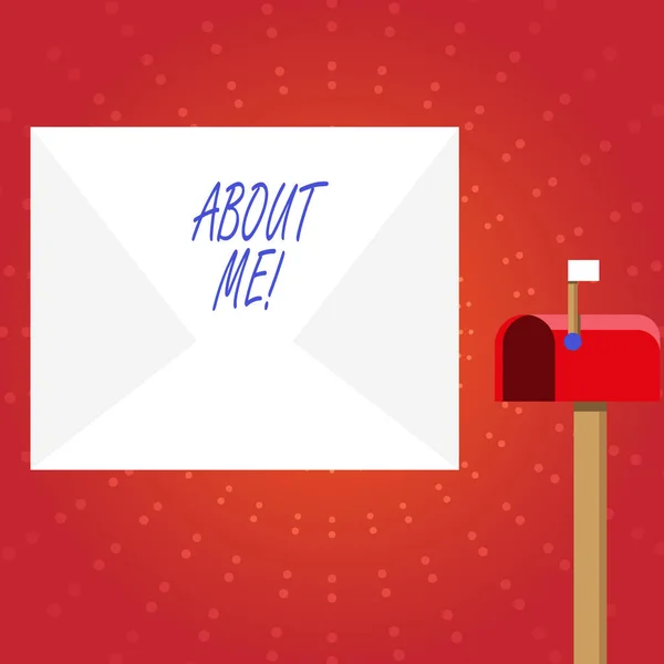 Writing note showing About Me. Business photo showcasing telling someone list of your good and bad properties White Envelope and Red Mailbox with Small Flag Up Signalling. — Stock Photo, Image