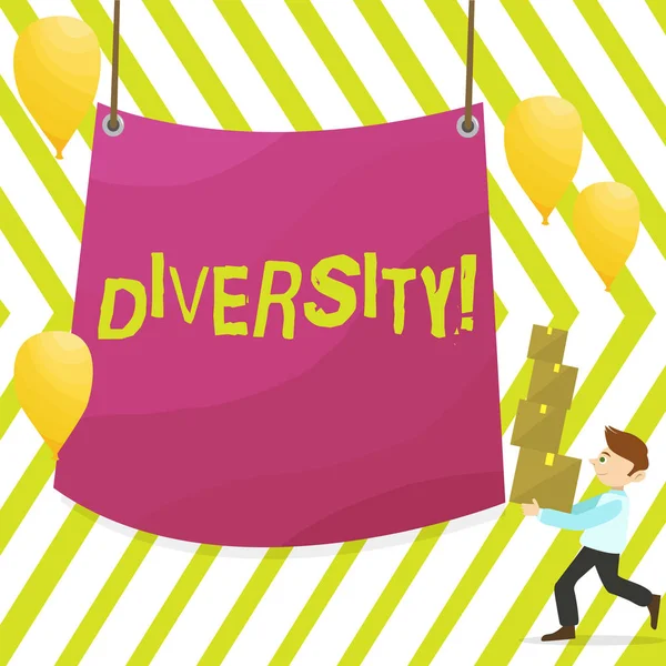 Word writing text Diversity. Business concept for Being Composed of different elements Diverse Variety Multiethnic Man Carrying Pile of Boxes with Blank Tarpaulin in the Center and Balloons. — Stock Photo, Image