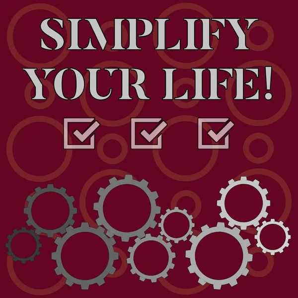 Word writing text Simplify Your Life. Business concept for focused on important and let someone worry about less ones Colorful Cog Wheel Gear Engaging, Interlocking and Tesselating Flat Style. — 图库照片