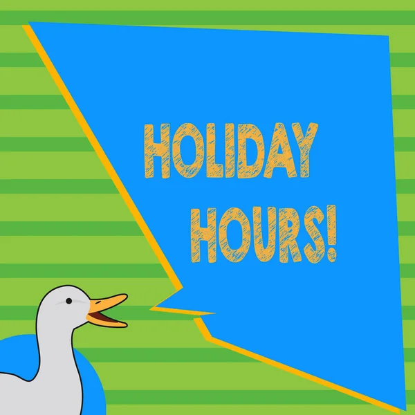显示假日营业时间的书写记录。商业照片展示了员工的加班工作在灵活的工作时间表照片鸭子说话与不均匀形状空白蓝色语音气球. — 图库照片