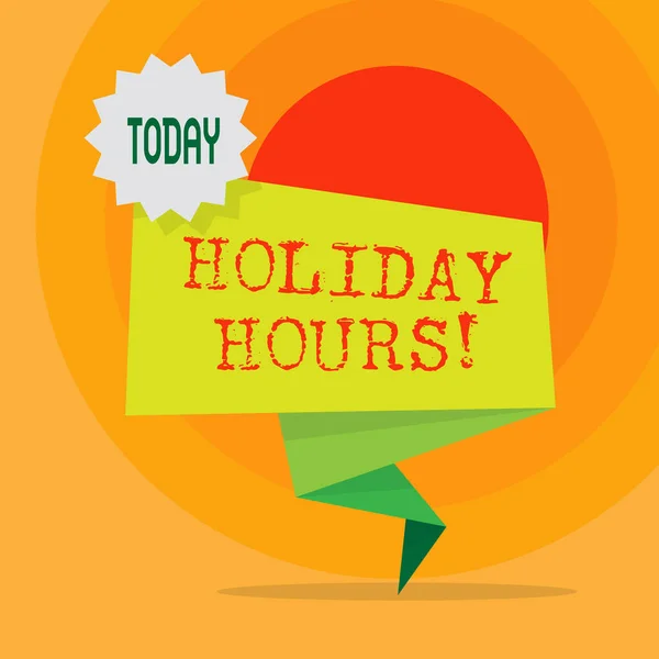 Word writing text Holiday Hours. Business concept for Overtime work on for employees under flexible work schedules Blank Space Green Two Tone Folded Back Banner Strip with Seal Stamp Sticker. — Stock Photo, Image