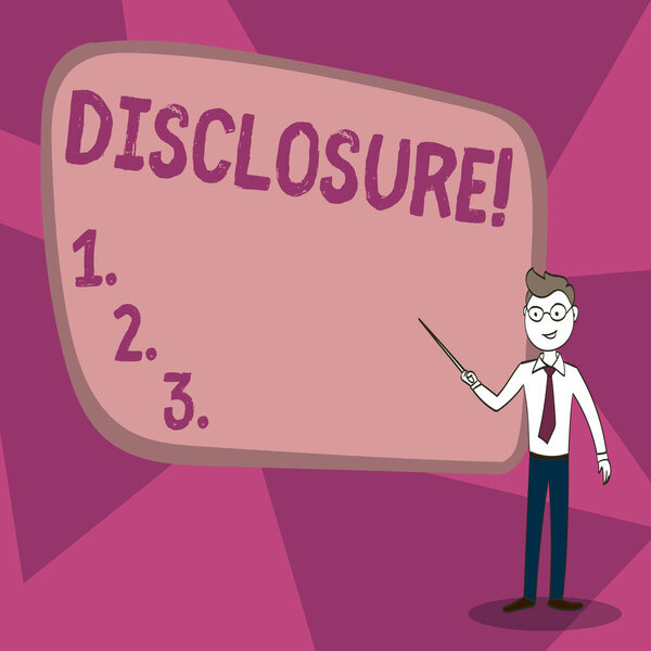 Написание текста Раскрытие информации. Бизнес-концепция действия по созданию новой или секретной конфиденциальной информации, известной как Уверенный человек в галстуке, очках и палках, указывающих на пустую красочную доску
.