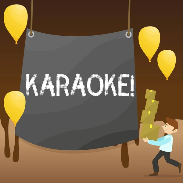 Signo de texto que muestra Karaoke. Foto conceptual Entretenimiento cantando a lo largo de la música instrumental interpretada por una máquina Hombre llevando pila de cajas con lona en blanco en el centro y globos . —  Fotos de Stock