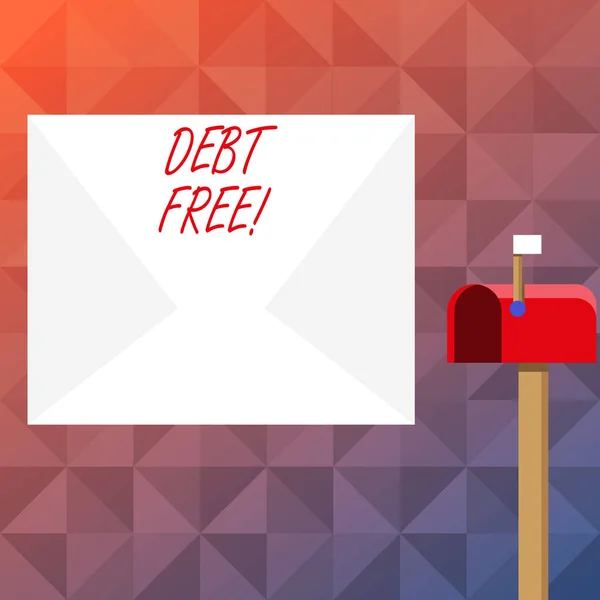 Text sign showing Debt Free. Conceptual photo does not owning any money or things to any individual or companies Blank Big White Envelope and Open Red Mailbox with Small Flag Up Signalling. — Stock Photo, Image