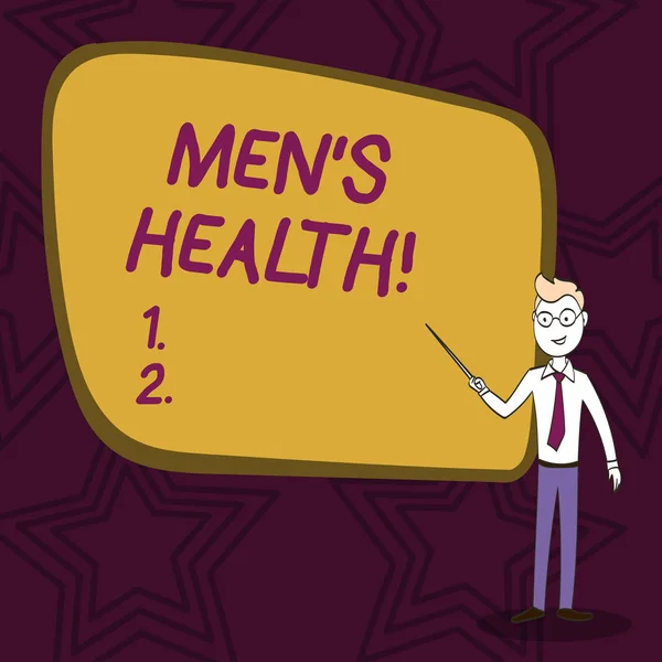 Word pisanie tekstu Men's Health. Koncepcja biznesowa dla kompletne fizyczne psychiczny i społeczny dobrostan przez analizę pewny siebie człowiek w krawat, okulary i wskazując Stick pusty pokładzie kolorowe. — Zdjęcie stockowe