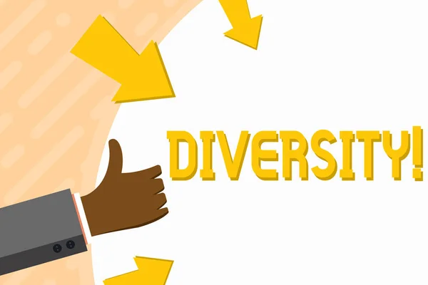 Word writing text Diversity. Business concept for Being Composed of different elements Diverse Variety Multiethnic Hand Gesturing Thumbs Up and Holding on Blank Space Round Shape with Arrows. — Stock Photo, Image