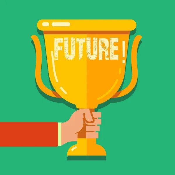 Word writing text Future. Business concept for Period of time following the present moment Events that will happen Hand Holding Blank Golden Championship Winners Cup Trophy with Reflection. — 图库照片