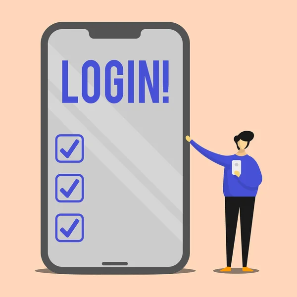 Testi scritti a mano Login. Concetto significato Atto di entrare in un database o un sistema di computer Inizio sessione Man Presentare enorme schermo vuoto Smartphone mentre tiene un altro cellulare . — Foto Stock