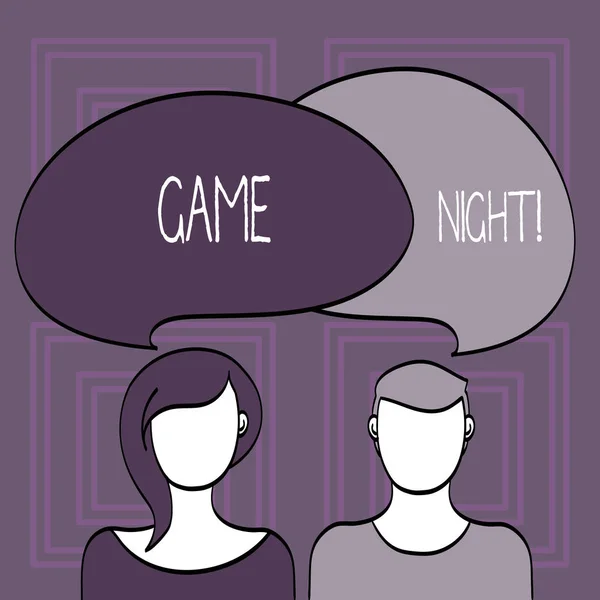 Escrita conceitual mostrando Game Night. Foto de negócios mostrando geralmente é chamado em datas de jogo adulto como poker com amigos Faces of Male and Female Colorful Speech Bubble Overlaying . — Fotografia de Stock