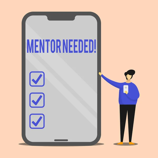 Handwriting text Mentor Needed. Concept meaning Guidance advice support training required Man Presenting Huge Blank Screen Smartphone while Holding Another Mobile. — 图库照片