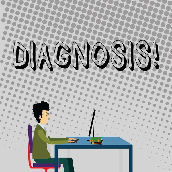 Handskrift text diagnos. Begrepp som betyder dom om viss sjukdom eller tillstånd affärsman sitter rakt på stol arbetar med dator och böcker på bord. — Stockfoto