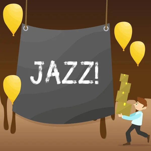 Textzeichen mit Jazz. konzeptionelle Foto Art der Musik schwarzen amerikanischen Ursprungs Musikgenre starken Rhythmus Mann trägt Stapel von Boxen mit leerer Plane in der Mitte und Luftballons. — Stockfoto