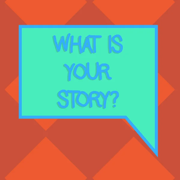 Handgeschreven tekst wat Is uw Storyquestion. Begrip betekenis van Telling demonstratingal afgelopen ervaringen Storytelling lege rechthoekige kleur tekstballon met rand foto rechterhand. — Stockfoto