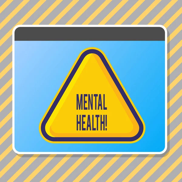 Conceptual hand writing showing Mental Health. Business photo text demonstratings condition regard to their psychological well being Blank Yellow Embossed Triangle with Border as Web Button In Screen. — Stock Photo, Image