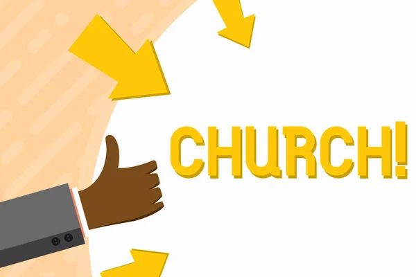 Word writing text Church. Business concept for Cathedral Altar Tower Chapel Mosque Sanctuary Shrine Synagogue Temple Hand Gesturing Thumbs Up and Holding on Blank Space Round Shape with Arrows. — Stock Photo, Image