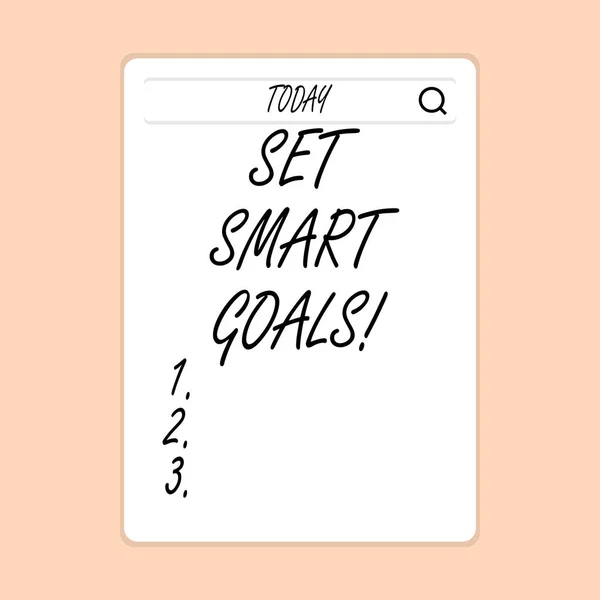Handwriting text writing Set Smart Goals. Concept meaning list to clarify your ideas focus efforts use time wisely Search Bar with Magnifying Glass Icon photo on Blank Vertical White Screen.