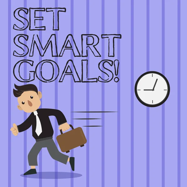 Word writing text Set Smart Goals. Business concept for list to clarify your ideas focus efforts use time wisely Man in Tie Carrying Briefcase Walking in a Hurry Past the Analog Wall Clock.