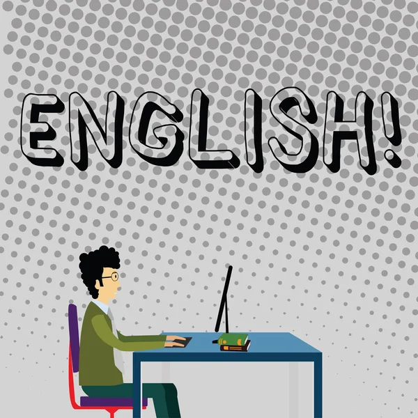 手書きテキスト英語。概念の人々 またはその言語実業家座ってまっすぐコンピューターに取り組んでいる椅子とテーブルの上の本にイングランドに関を意味. — ストック写真