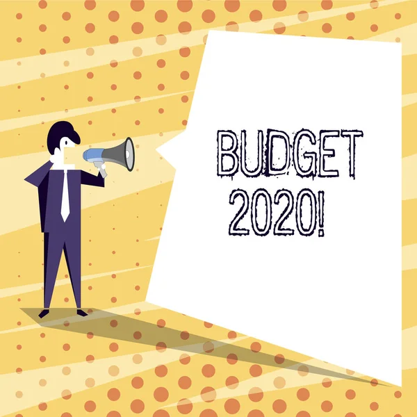 Conceptuele hand schrijven begroting 2020 tonen. Zakelijke foto tekst raming van inkomsten en uitgaven voor het volgende of het huidige jaar zakenman schreeuwen op de megafoon en wit tekstballon. — Stockfoto