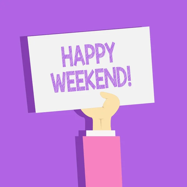 Text sign showing Happy Weekend. Conceptual photo something nice has happened or they feel satisfied with life Clipart of Hand Holding Up Blank Sheet of White Paper on Pastel Backdrop. — Stock Photo, Image