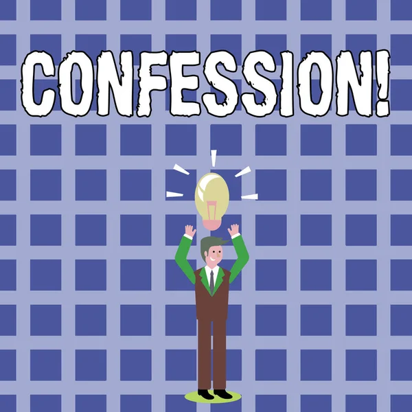 Text sign showing Confession. Conceptual photo Admission Revelation Disclosure Divulgence Utterance Assertion Businessman Standing Raising Arms Upward with Lighted Bulb Icon on his Head. — Stock Photo, Image