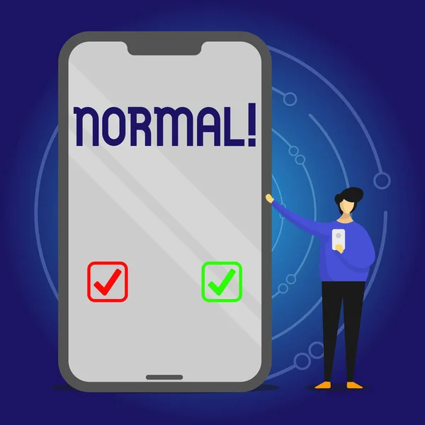 Schrijven van notitie weergegeven: normaal. Zakelijke foto presentatie die overeenstemt met een standaard gebruikelijke typische of verwacht Man presenteert grote Smartphone terwijl een ander mobiel houden. — Stockfoto