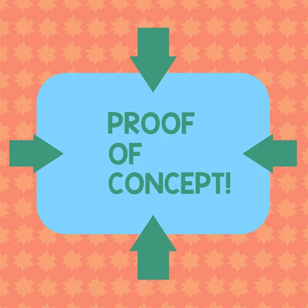 Writing note showing Proof Of Concept. Business photo showcasing evidence typically deriving from experiment or project Arrows on Four Sides of Blank Rectangular Shape Pointing Inward photo.