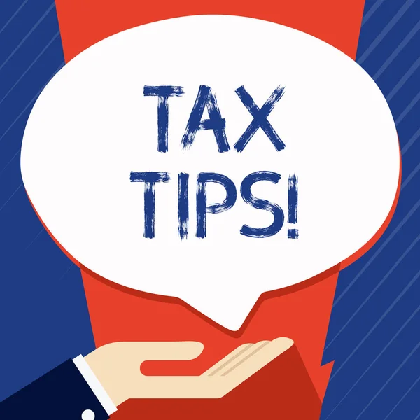 Conceptuele hand schrijven tonen Tax Tips. Zakelijke foto presentatie van de verplichte bijdrage aan de staat inkomsten geheven door regering Palm omhoog in de liggende positie donatie Hand teken tekstballon. — Stockfoto