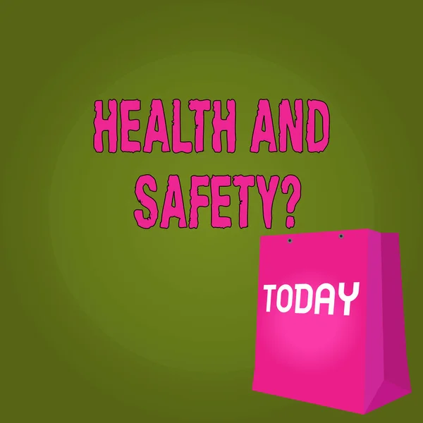 Handwriting text Health And Safety Question. Concept meaning regulations and procedures to prevent accident or injury Color Gift Bag with Punched Hole but Without Handle on Twotone Blank Space.