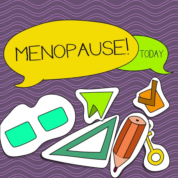 Word pisanie tekstu menopauzy. Koncepcja biznesowa dla zaprzestania miesiączki starszych kobiet hormonalne zmiany okresu dwa puste kolorowy balon mowy i różne ikony stylu etykiety naklejki. — Zdjęcie stockowe