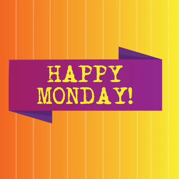 Handwriting text Happy Monday. Concept meaning telling that demonstrating order to wish him great new week Blank Folded Color Banner photo on Vertically Striped Two Toned Backdrop.