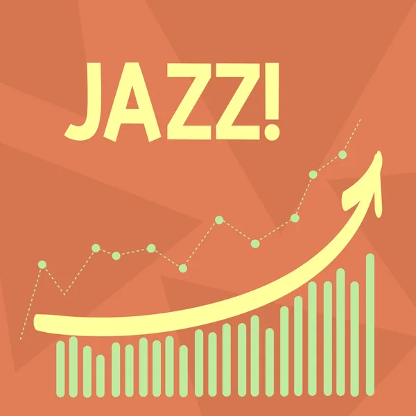 Handschrift Textschreiben Jazz. Konzept bedeutet Art von Musik schwarzen amerikanischen Ursprungs Musikgenre starke Rhythmuskombination aus farbenfrohen Säulen- und Liniendiagramm mit Pfeil nach oben. — Stockfoto