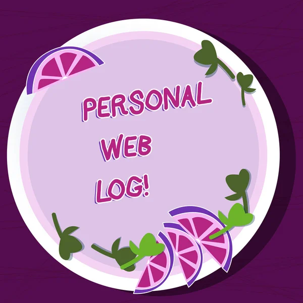 Writing note showing Personal Web Log. Business photo showcasing website that contains diary of information or opinion Cutouts of Sliced Lime Wedge and Herb Leaves on Color Plate.