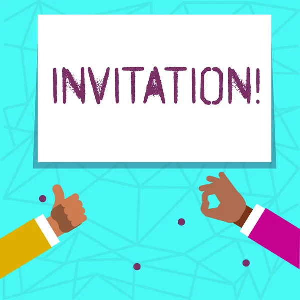 Writing note showing Invitation. Business photo showcasing Written or verbal request someone to go somewhere or do something Two Businessmen Hands Gesturing the Thumbs Up and Okay Sign. — Stock Photo, Image