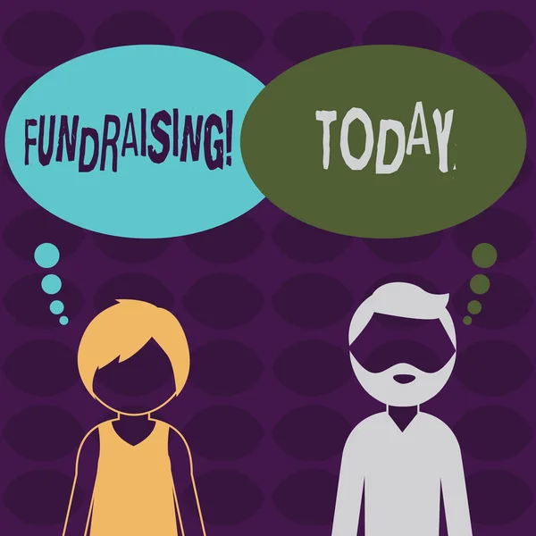 Handskrift text Fundraising. Begreppet mening söker ekonomiskt stöd till välgörenhet orsak eller enterprise Bearded Man och kvinna ansiktslösa profil med tomma färgglada trodde Bubble. — Stockfoto