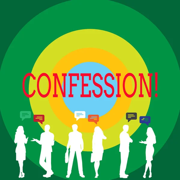 Conceptual hand writing showing Confession. Business photo showcasing Admission Revelation Disclosure Divulgence Utterance Assertion Figures of People Talking with Gestures and Text Balloon. — Stock Photo, Image