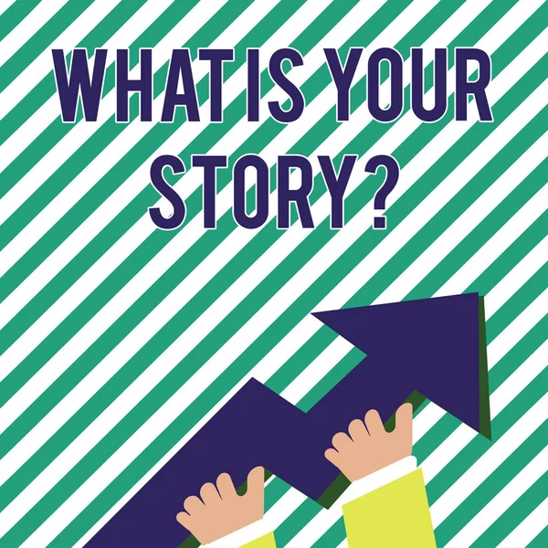 Handskrift text Vad är din Storyquestion. Begreppet mening träffande demonstratingal tidigare erfarenheter Storytelling foto av Hand Holding färgglada enorma 3d pilen pekar och går upp. — Stockfoto