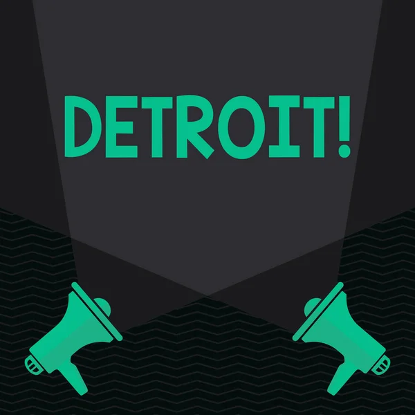 Escritura manual conceptual que muestra Detroit. Texto de la foto de negocios Ciudad en los Estados Unidos de América Capital de Michigan Motown Spotlight Crisscrossing Upward from Megaphones on the Floor . — Foto de Stock