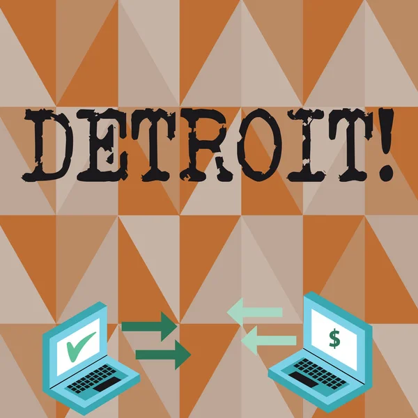 Escritura manual conceptual que muestra Detroit. Texto de la foto de negocios City in the United States of America Capital of Michigan Motown Arrow Iconos entre dos computadoras portátiles Moneda Regístrate y revisa los iconos . — Foto de Stock