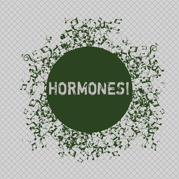 Írásbeli Megjegyzés mutatja a hormonok. Üzleti fénykép bemutató szabályozó anyag előállítása egy szervezet, hogy ösztönözze sejtek Disarrayed Zagyva zenei jegyzetek ikon, színes kör. — Stock Fotó