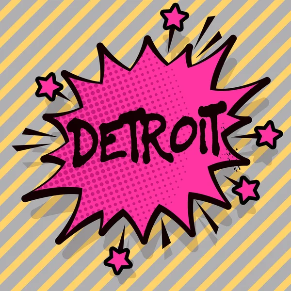 Escribiendo una nota que muestra Detroit. Foto de negocios que muestra la ciudad en los Estados Unidos de América Capital de Michigan Motown Spiky Fight and Screaming Angry Speech Bubble with Outline . — Foto de Stock