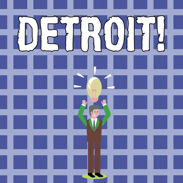 Znak tekstowy Wyświetlono Detroit. Koncepcyjne zdjęcie miasta w Stany Zjednoczone Ameryki kapitału z Michigan Motown biznesmen stałego podnoszenie broni w górę z oświetlony ikonę żarówki na głowie. — Zdjęcie stockowe