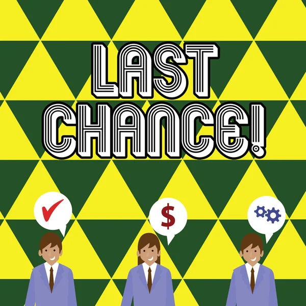 Writing note showing Last Chance. Business photo showcasing final opportunity to achieve or acquire something you want Businessmen has Speech Bubble with Optimization Cost Icons.