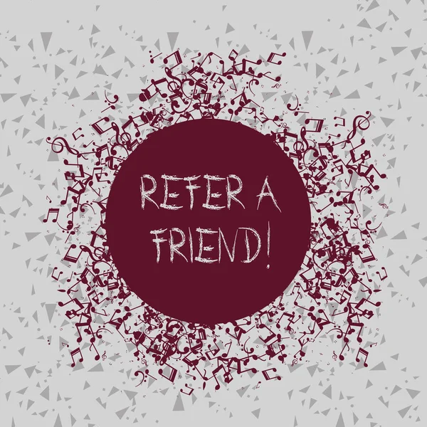 Håndskriftstekst - Refer A Friend. Betegnelse: diriger noen til en annen eller send ham noe sånt som: Disarrayed and Jumbled Musical Notes Icon Surrounding Blank Colorful Circle . – stockfoto