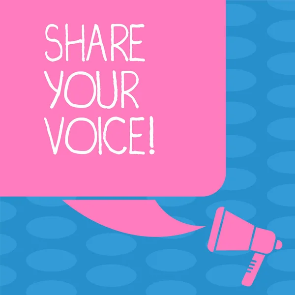 Word writing text Share Your Voice. Business concept for tell your opinion to everyone and discuss it with others Color Silhouette of Blank Square Speech Bubble and Megaphone photo.