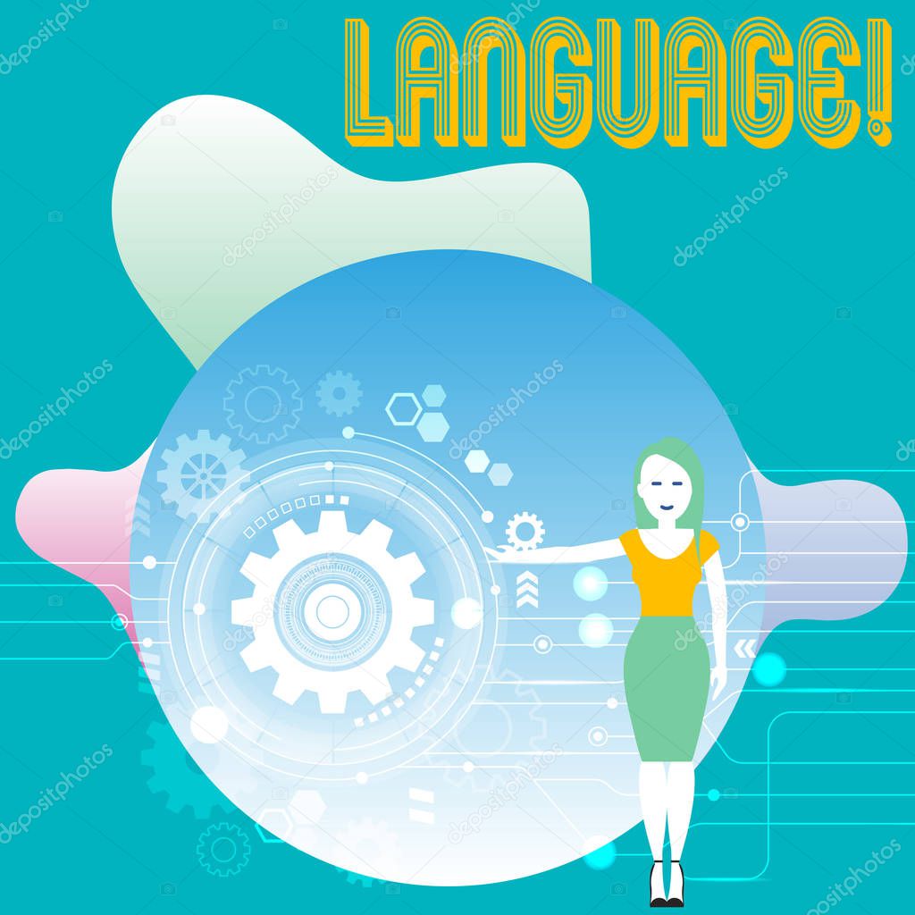 Conceptual hand writing showing Language. Business photo text Method of huanalysis communication Spoken Written Use Words Expression Woman Presenting the SEO Process with Cog Wheel Gear inside.