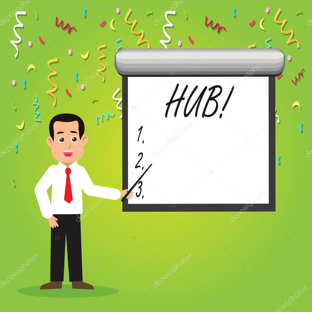 Conceptual hand writing showing Hub. Business photo showcasing Device connecting computers Center of Wheel Activities Transportation Man in Necktie Holding Stick Pointing White Screen on Wall.