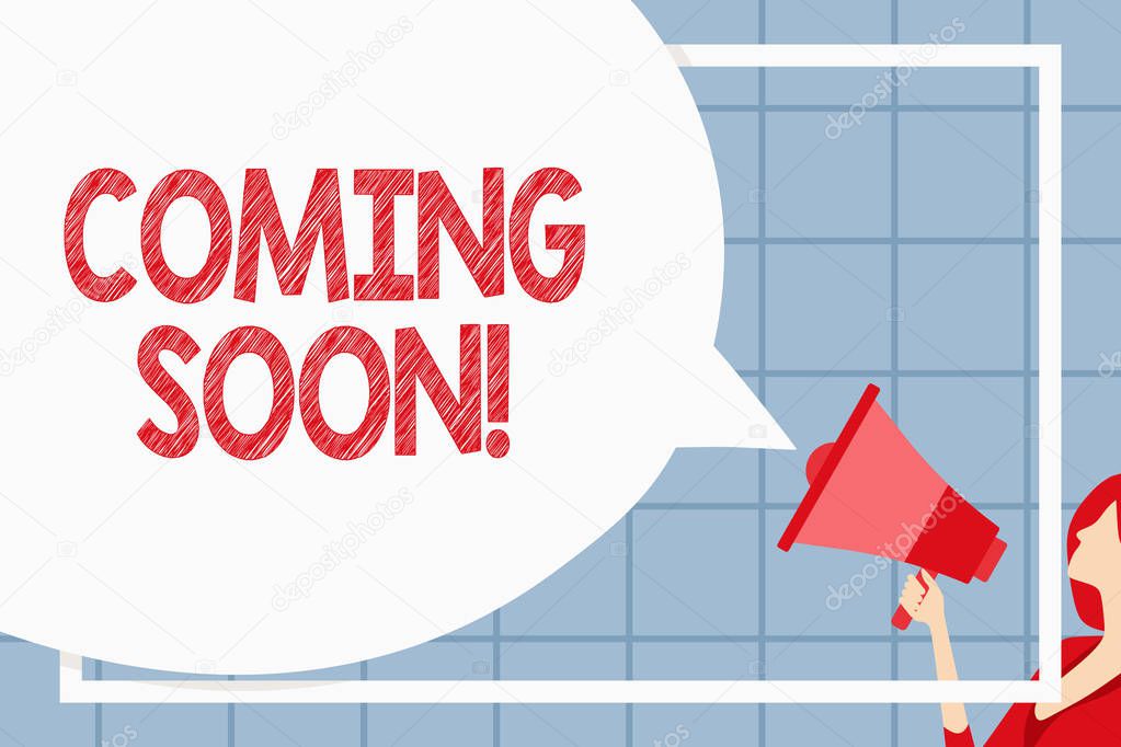 Text sign showing Coming Soon. Conceptual photo event or action that will happen after really short time Huge Blank Speech Bubble Round Shape. Slim Woman Holding Colorful Megaphone.