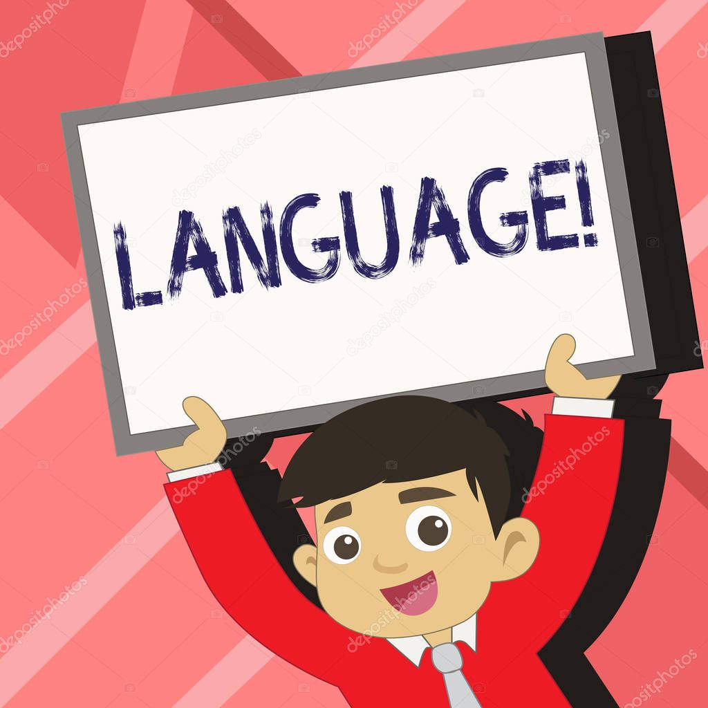 Word writing text Language. Business concept for Method of huanalysis communication Spoken Written Use Words Expression Young Smiling Student Raising Upward Blank Framed Whiteboard Above his Head.