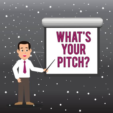 El yazısı metin ne S Your Pitchquestion. Kavram anlam mevcut teklif proje tanıtımı veya ürün adam kravat konuşurken elinde sopa işaret boş beyaz ekran duvar içinde.